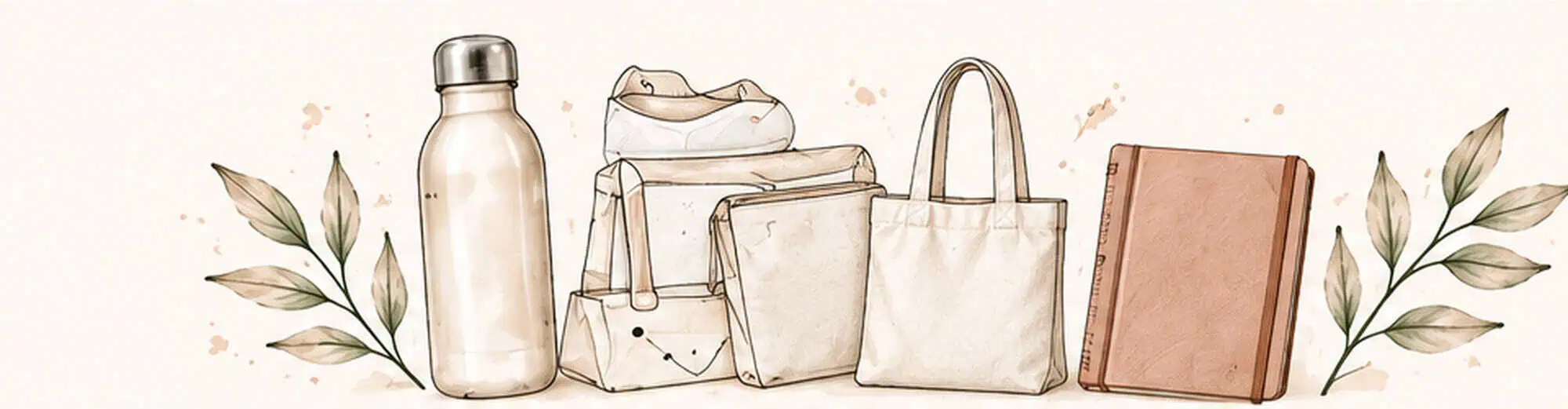 Collection d’accessoires éco-responsables Illustration d'articles de mode durable : bouteille réutilisable, sacs en toile, cahier écru et éléments botaniques.