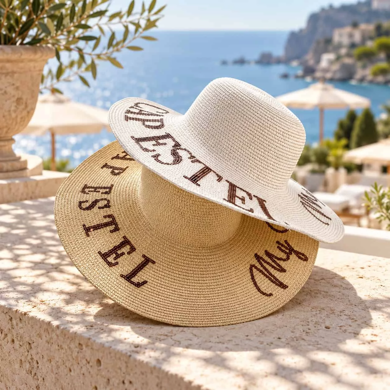 Deux chapeaux de paille superposés avec inscriptions, posés au bord d'une piscine avec vue sur la mer Méditerranée
