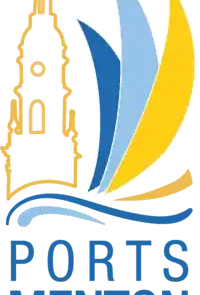 Logo de Ports Menton featuring a church bell tower, stylized sails, and blue waves