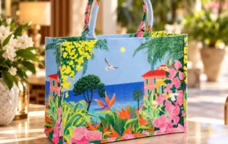 Sac à main motifs floraux méditerranéens Sac à main coloré avec motifs floraux et paysage méditerranéen, posé sur une table en marbre dans un environnement élégant.