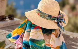 Accessoires d’été en bord de mer Chapeau de paille beige avec ruban floral posé sur un foulard coloré, vue mer en arrière-plan