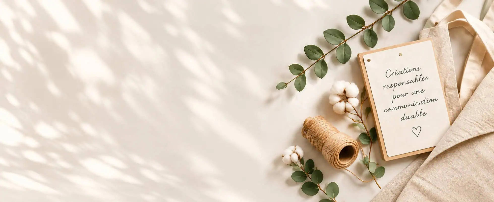Composition flat lay avec une carte en bois portant le texte « Créations responsables pour une communication durable », entourée de feuillage vert, fleurs de coton, ficelle naturelle et tissu écru sur fond blanc.