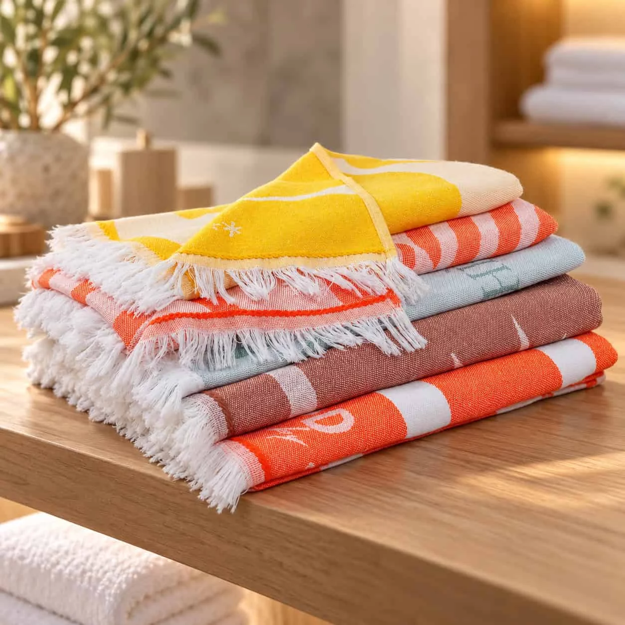 Pile de serviettes colorées avec franges blanches posées sur une surface en bois dans un intérieur lumineux
