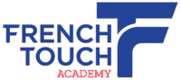 Logo French Touch Academy avec un F stylisé en bleu marine et mention du texte French Touch en bleu avec Academy en rouge