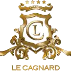 Logo héraldique Le Cagnard avec lettre L stylisée, couronnes et ornements dorés