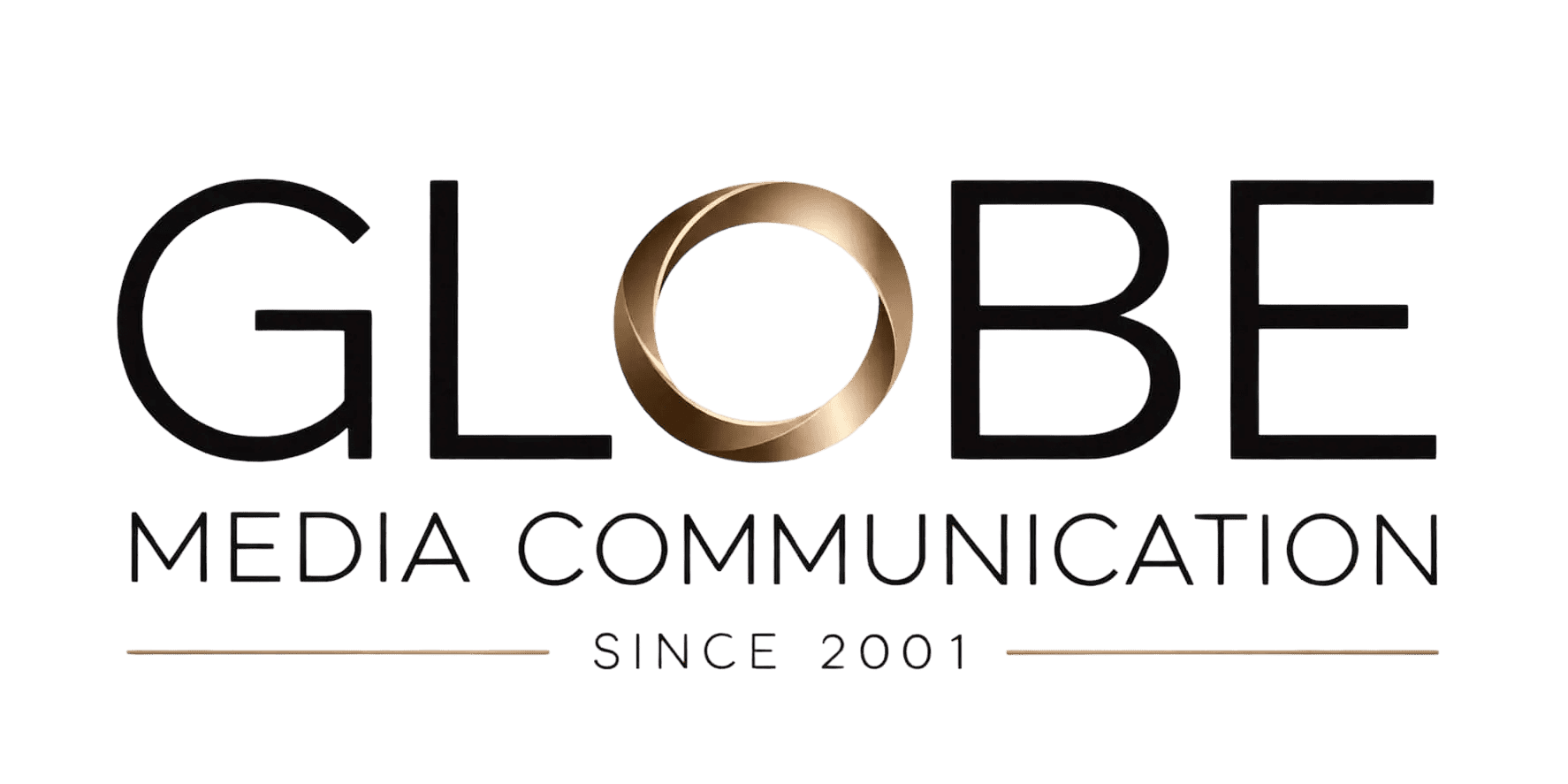 logo transparent 3 Logo GLOBE Media Communication avec cercle doré stylisé et mention « Since 2001 »